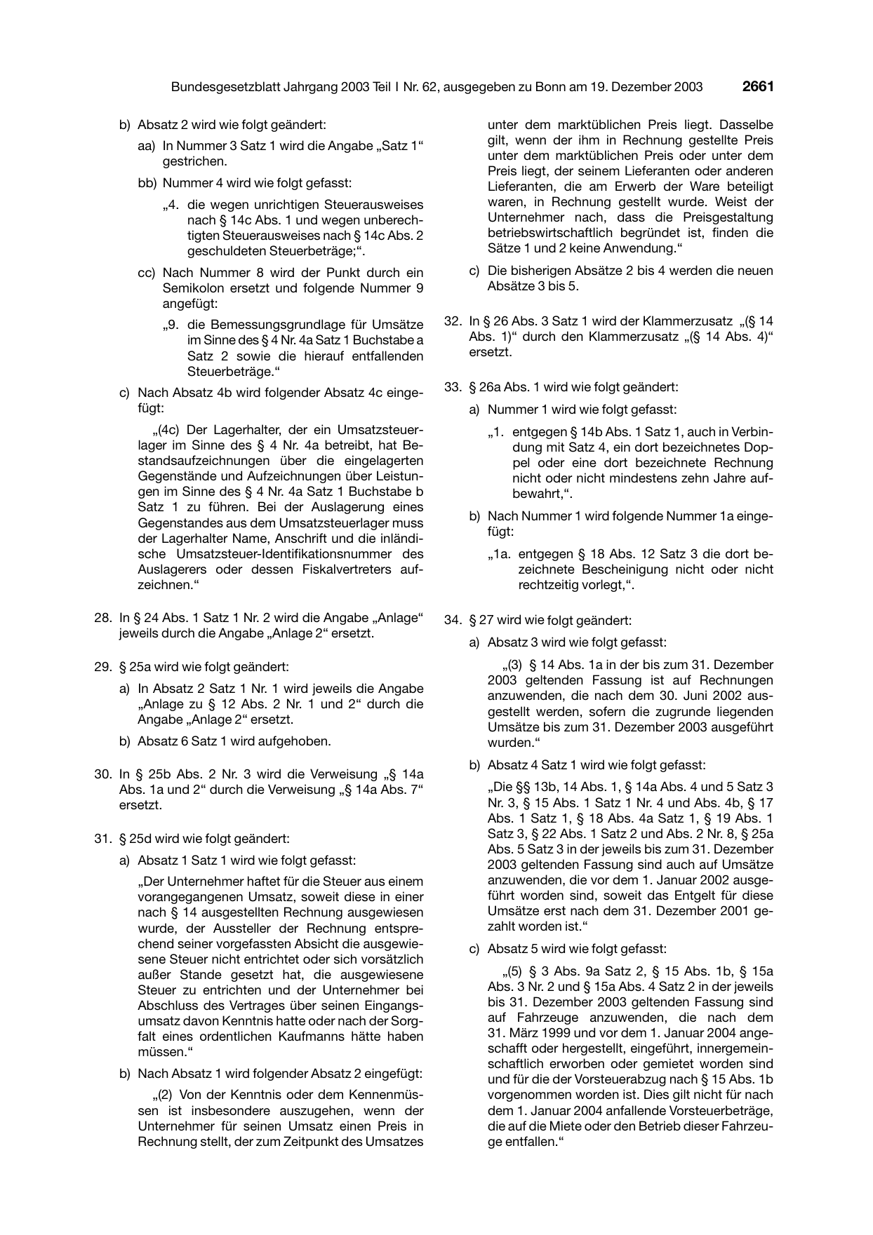 BGBl. 2003, Seite 2661 — Originalseite als Abbildung