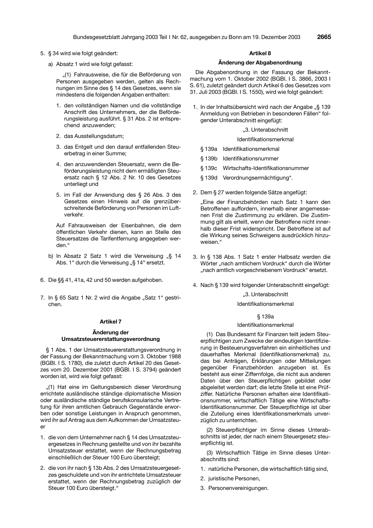 BGBl. 2003, Seite 2665 — Originalseite als Abbildung