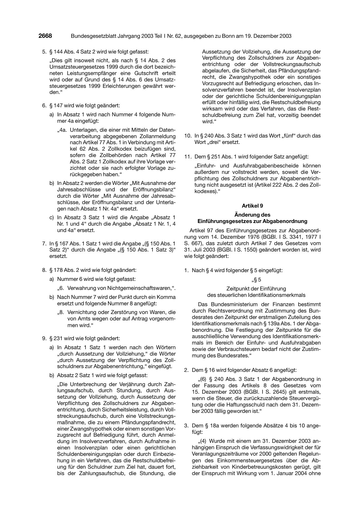 BGBl. 2003, Seite 2668 — Originalseite als Abbildung