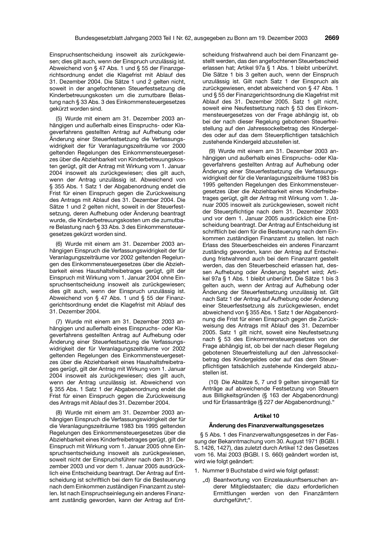 BGBl. 2003, Seite 2669 — Originalseite als Abbildung