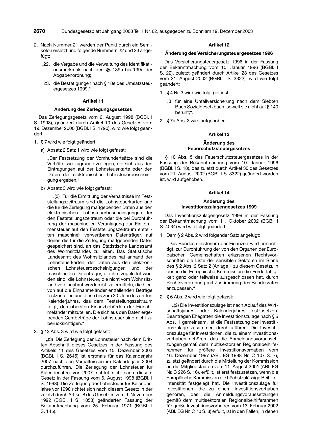 BGBl. 2003, Seite 2670 — Originalseite als Abbildung