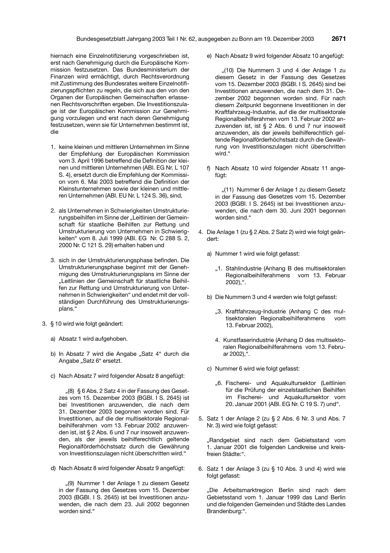 BGBl. 2003, Seite 2671 — Originalseite als Abbildung