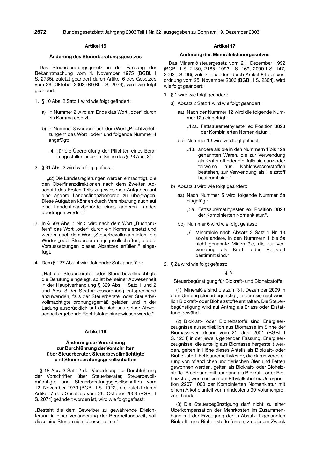 BGBl. 2003, Seite 2672 — Originalseite als Abbildung