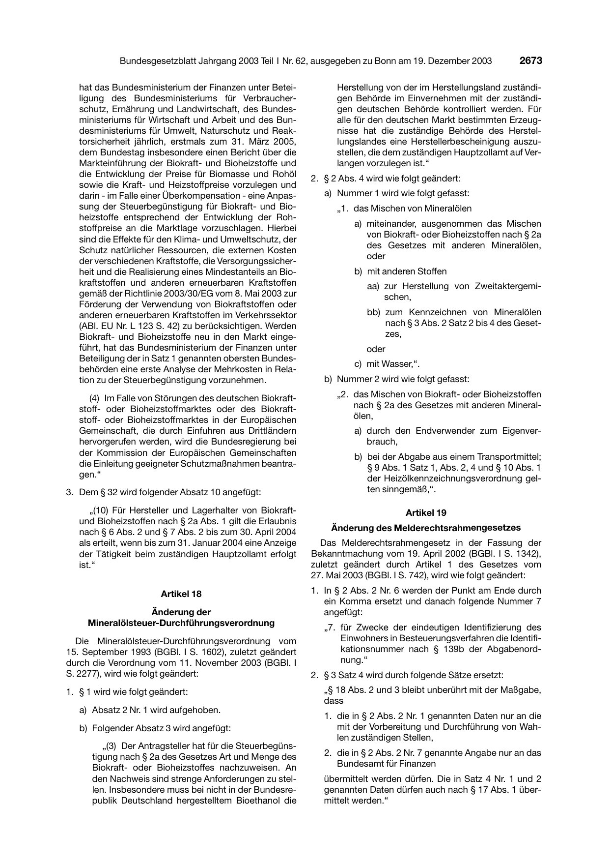 BGBl. 2003, Seite 2673 — Originalseite als Abbildung