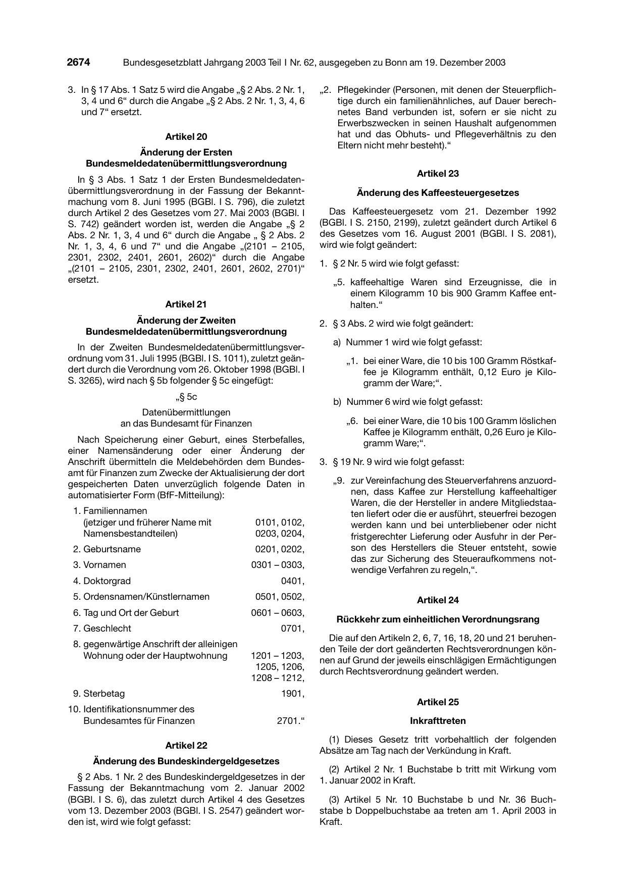 BGBl. 2003, Seite 2674 — Originalseite als Abbildung
