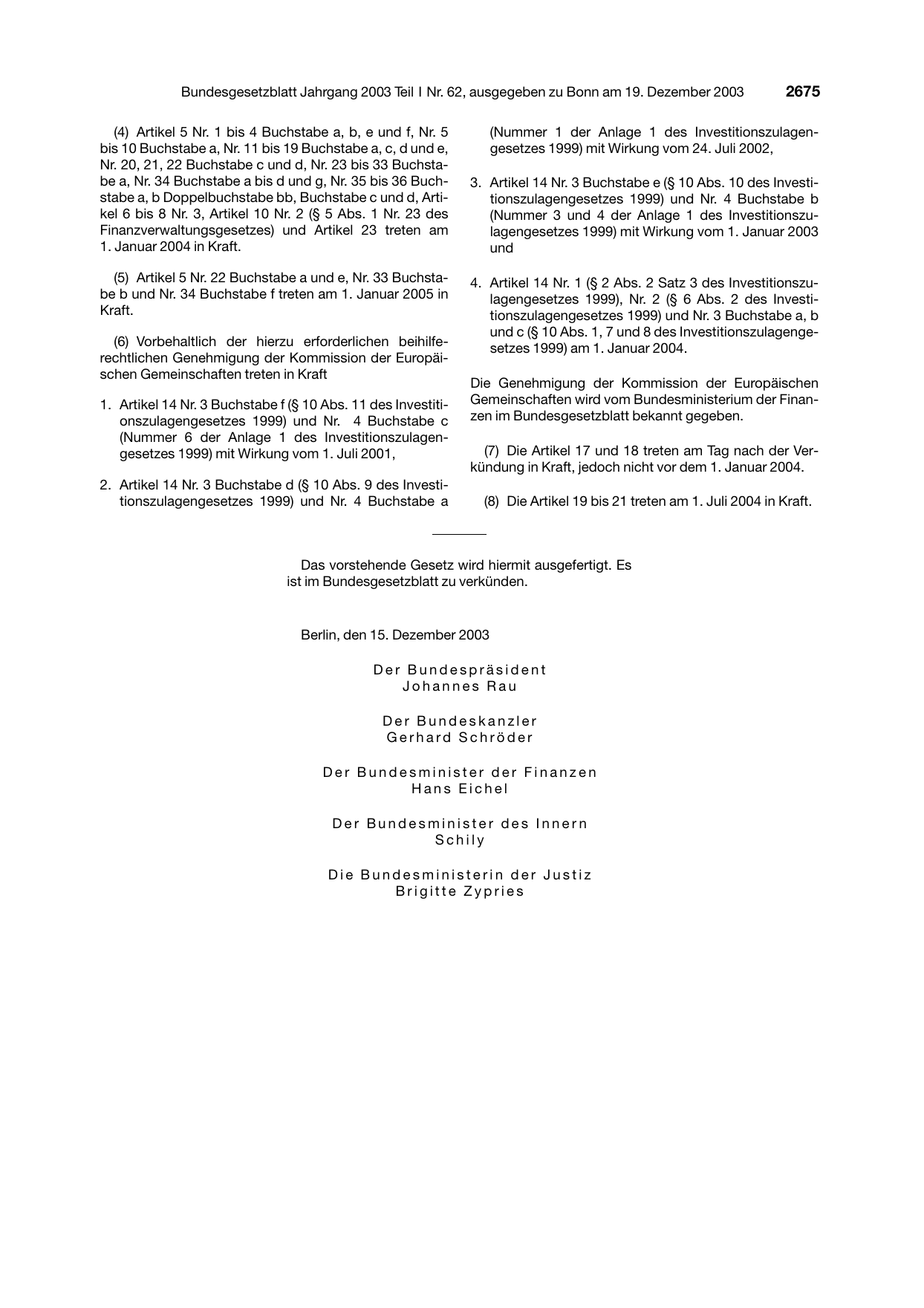 BGBl. 2003, Seite 2675 — Originalseite als Abbildung