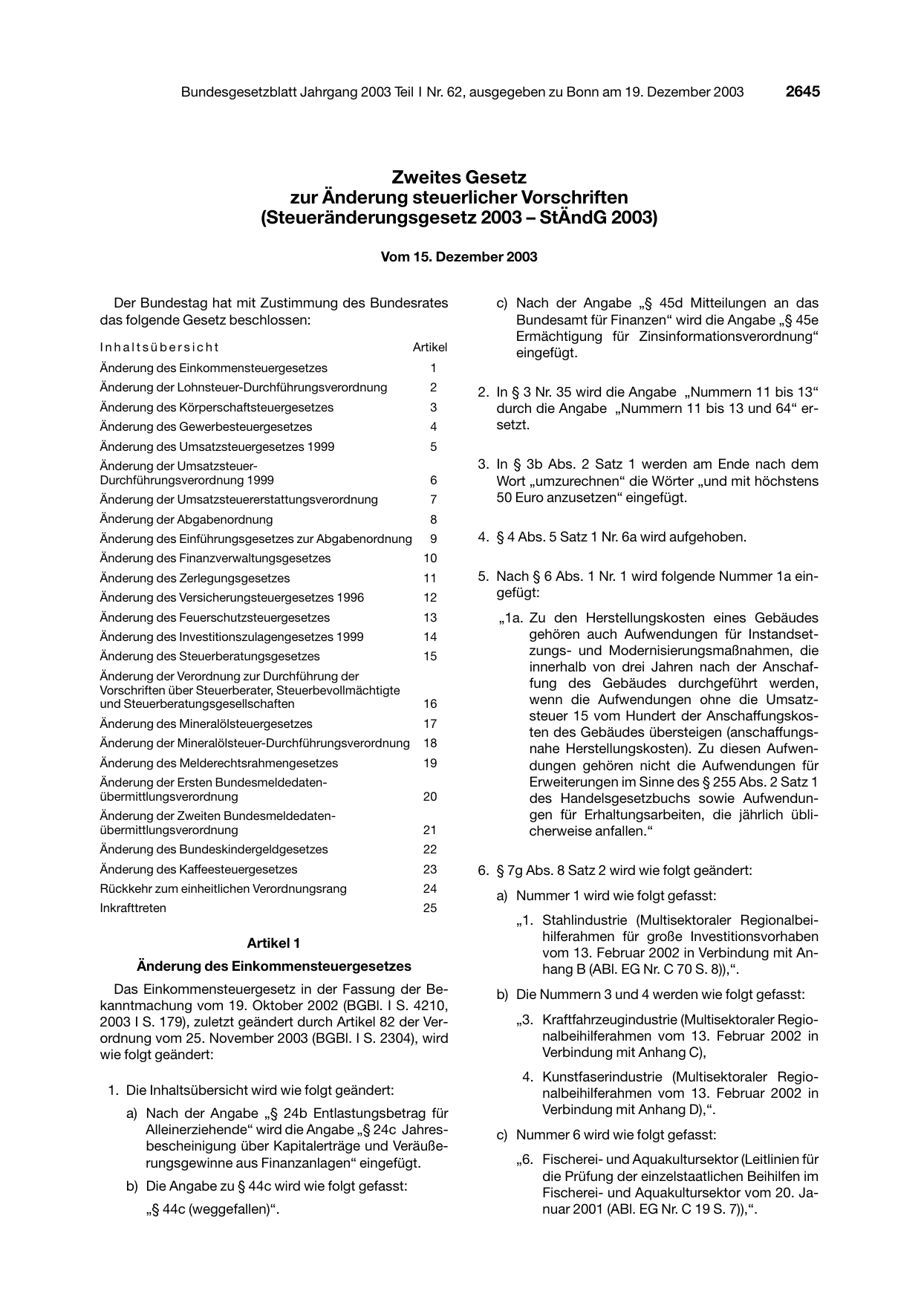 BGBl. 2003, Seite 2645 — Originalseite als Abbildung