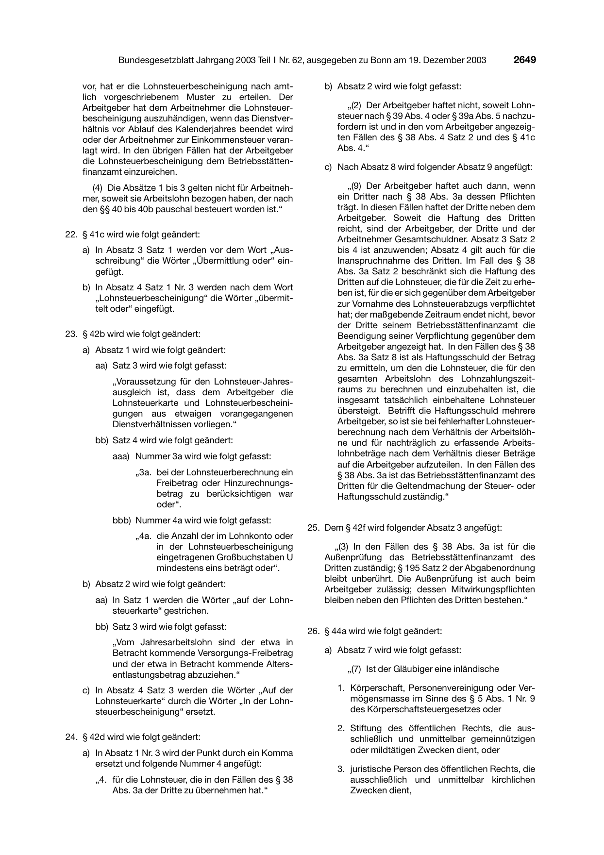 BGBl. 2003, Seite 2649 — Originalseite als Abbildung