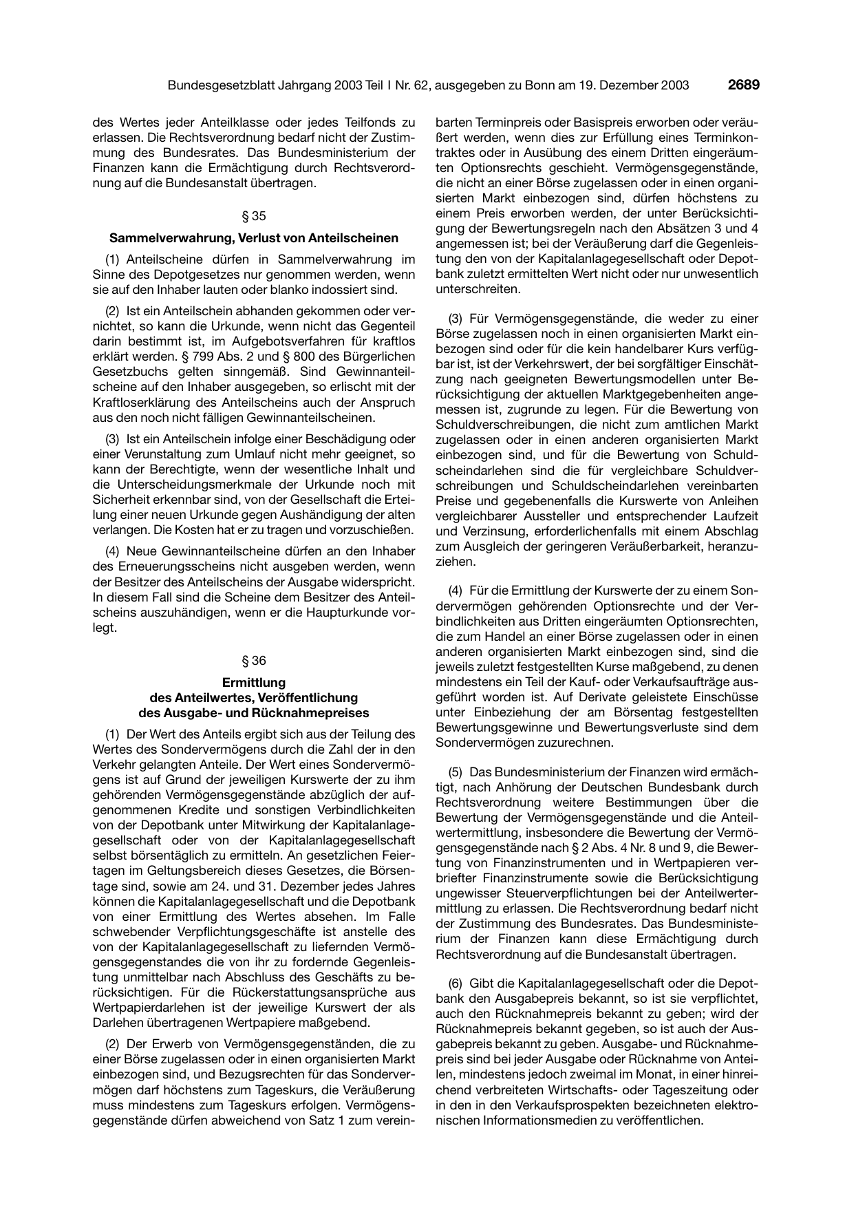 BGBl. 2003, Seite 2689 — Originalseite als Abbildung