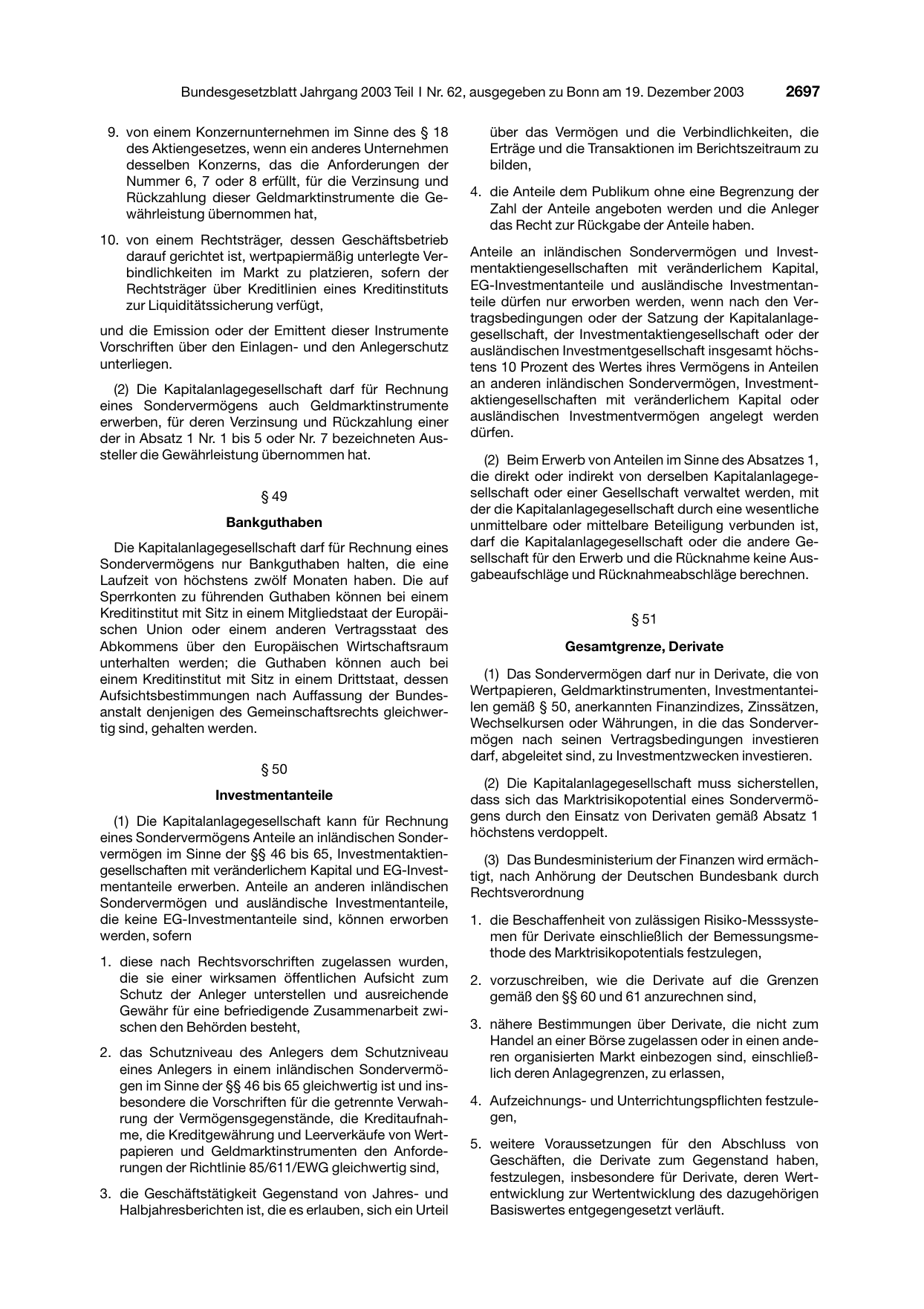 BGBl. 2003, Seite 2697 — Originalseite als Abbildung