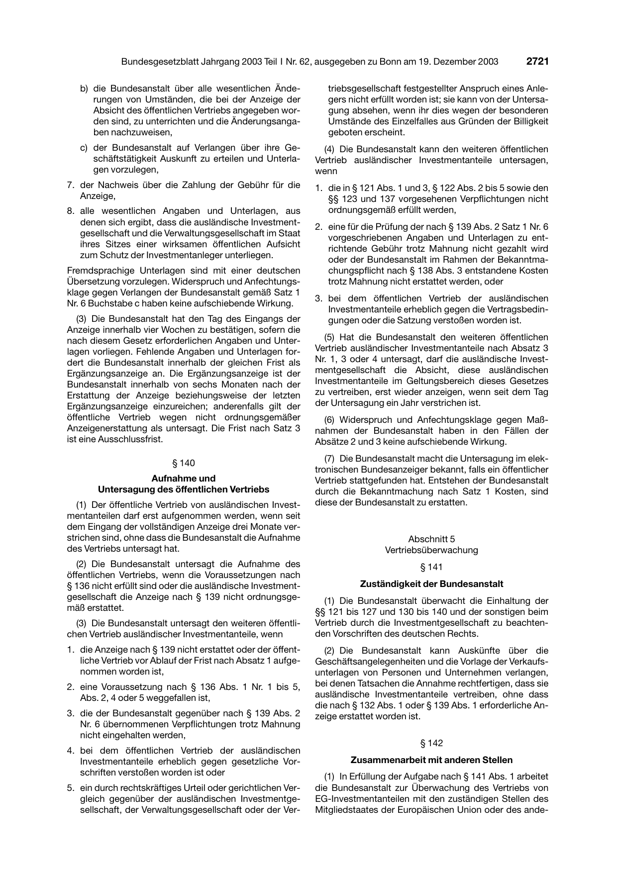 BGBl. 2003, Seite 2721 — Originalseite als Abbildung
