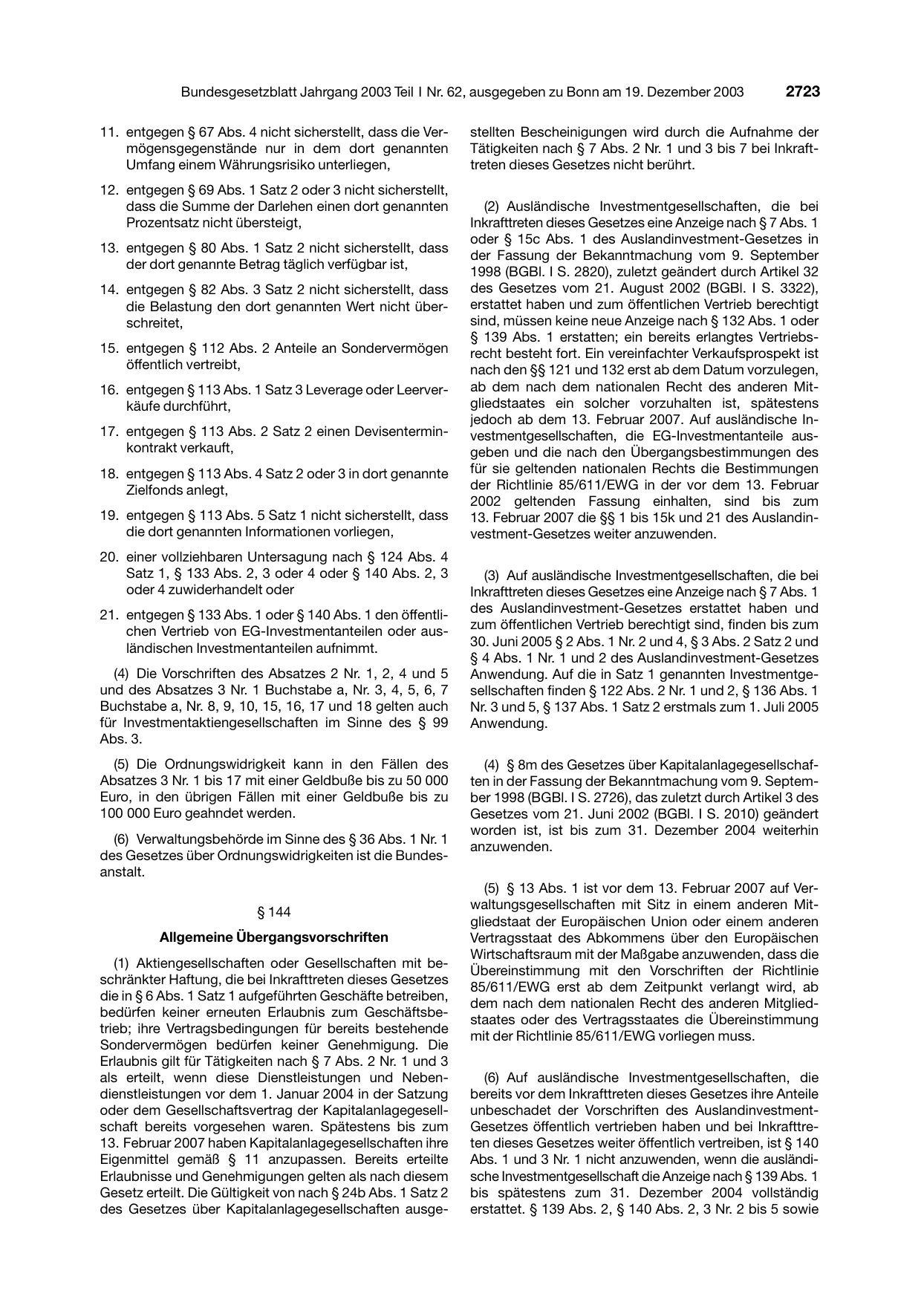 BGBl. 2003, Seite 2723 — Originalseite als Abbildung