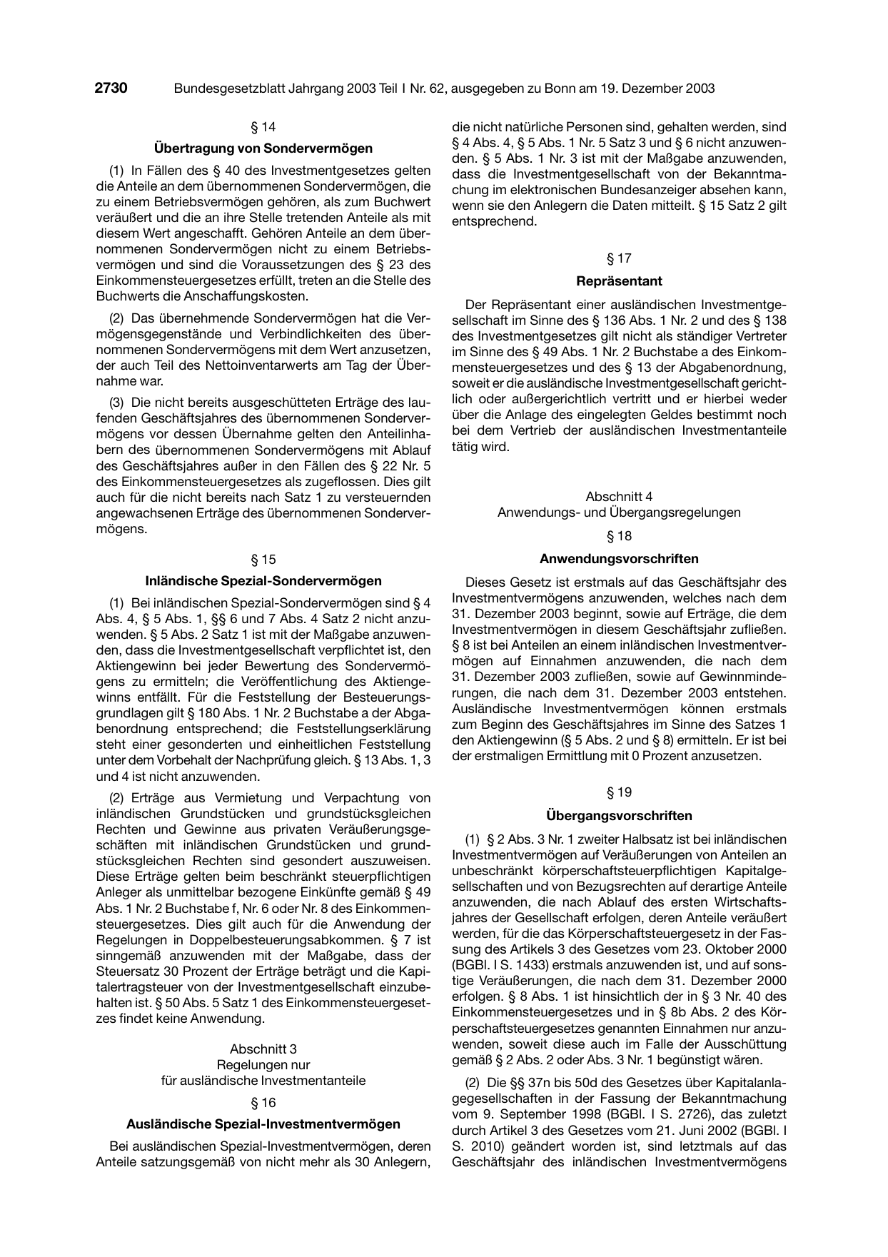 BGBl. 2003, Seite 2730 — Originalseite als Abbildung