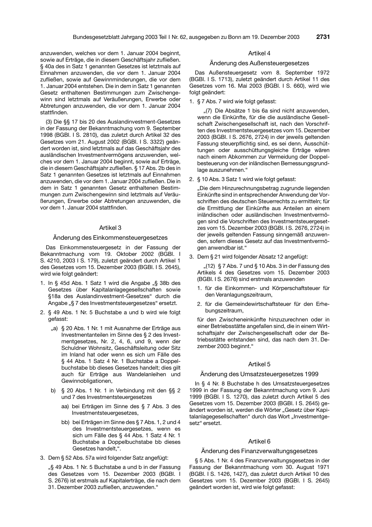BGBl. 2003, Seite 2731 — Originalseite als Abbildung