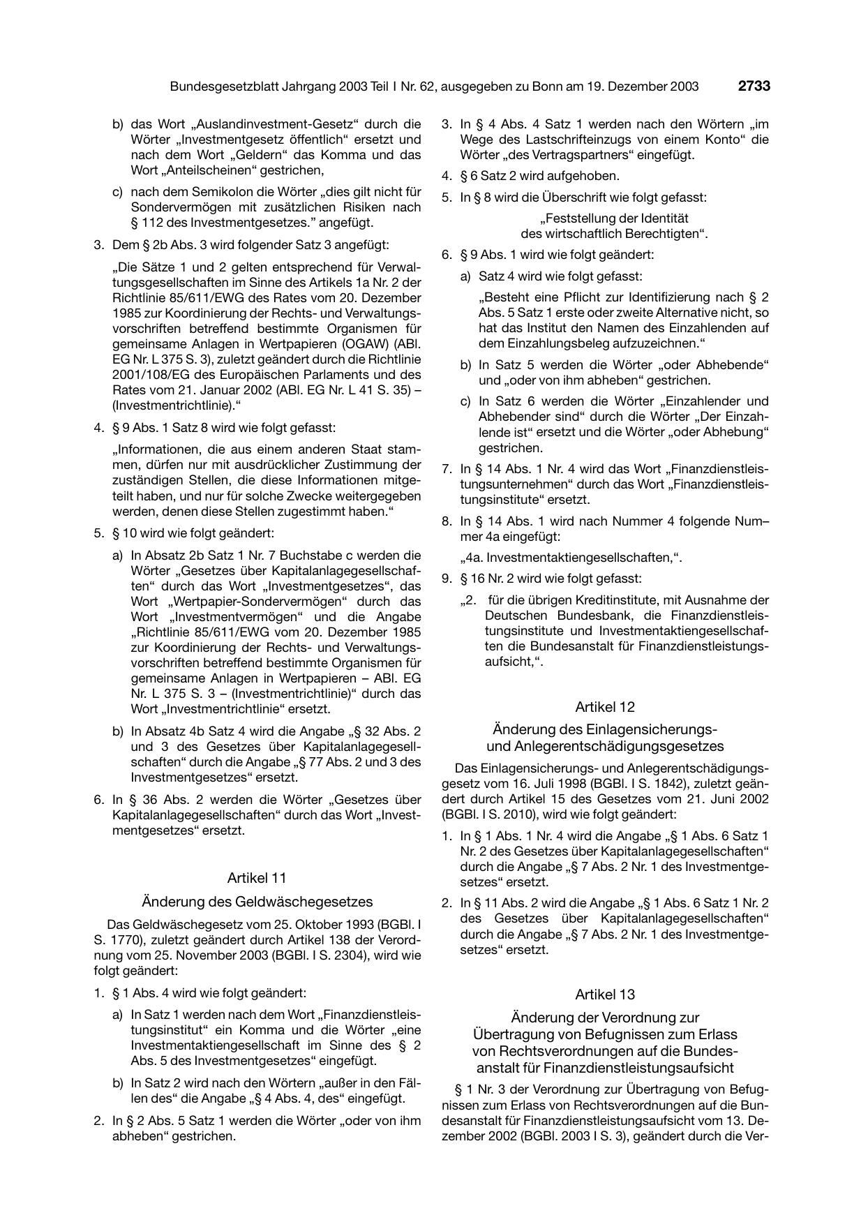 BGBl. 2003, Seite 2733 — Originalseite als Abbildung