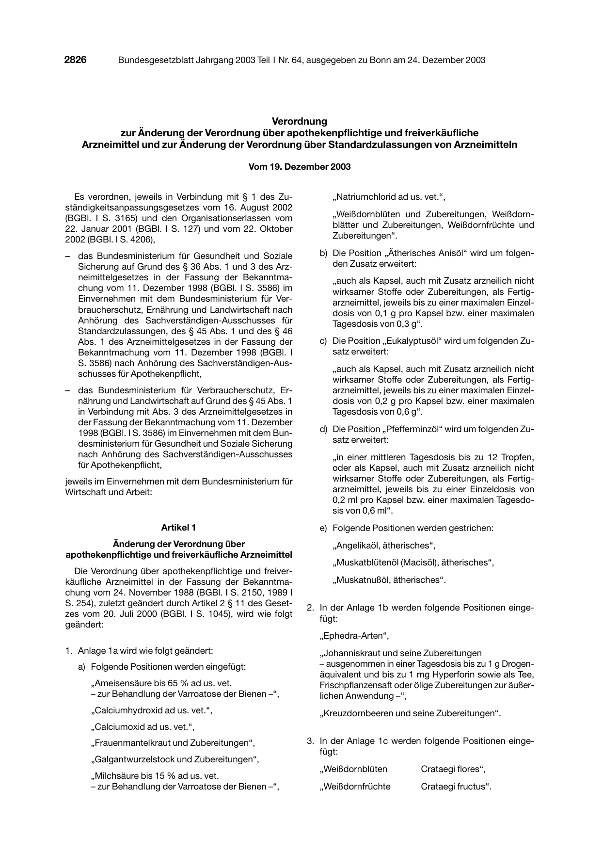 BGBl. 2003, Seite 2826 — Originalseite als Abbildung