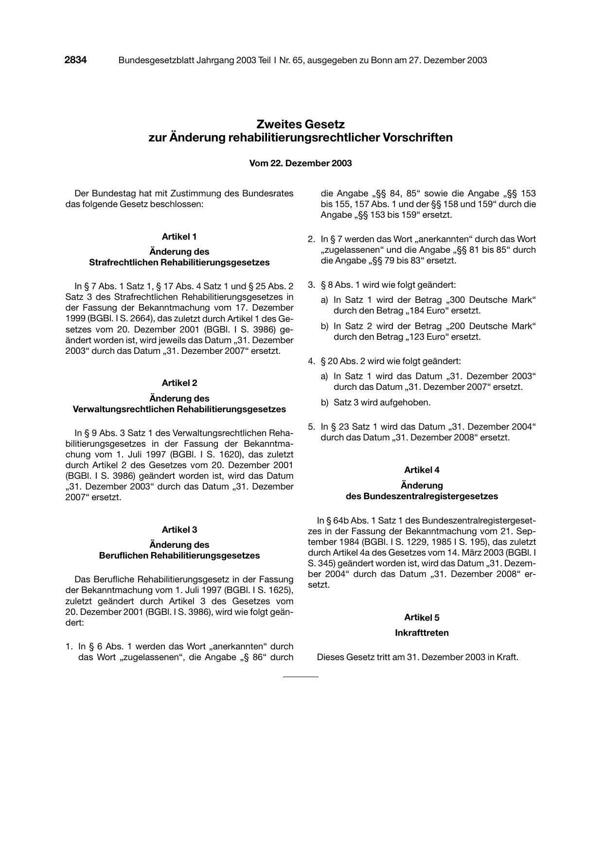 BGBl. 2003, Seite 2834 — Originalseite als Abbildung