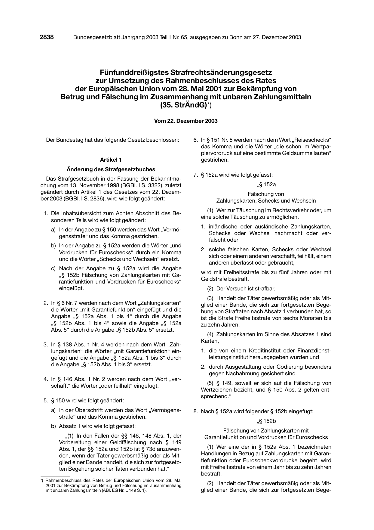 BGBl. 2003, Seite 2838 — Originalseite als Abbildung
