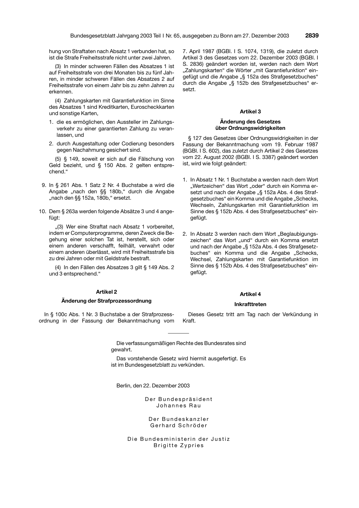 BGBl. 2003, Seite 2839 — Originalseite als Abbildung