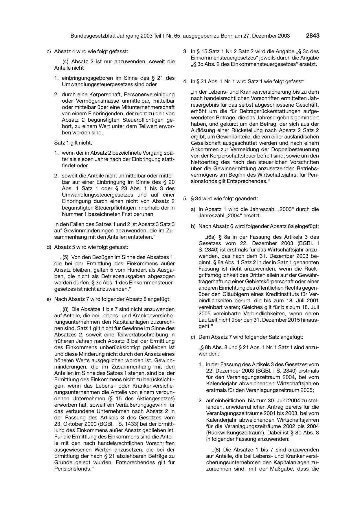 BGBl. 2003, Seite 2843 — Originalseite als Abbildung
