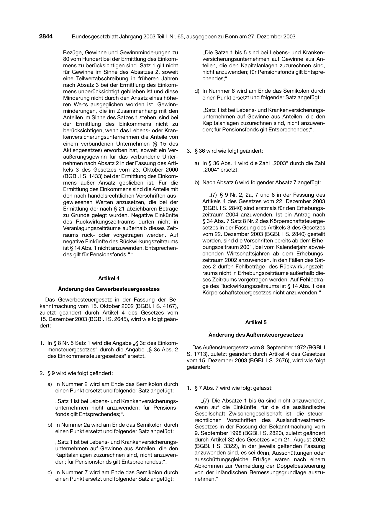 BGBl. 2003, Seite 2844 — Originalseite als Abbildung