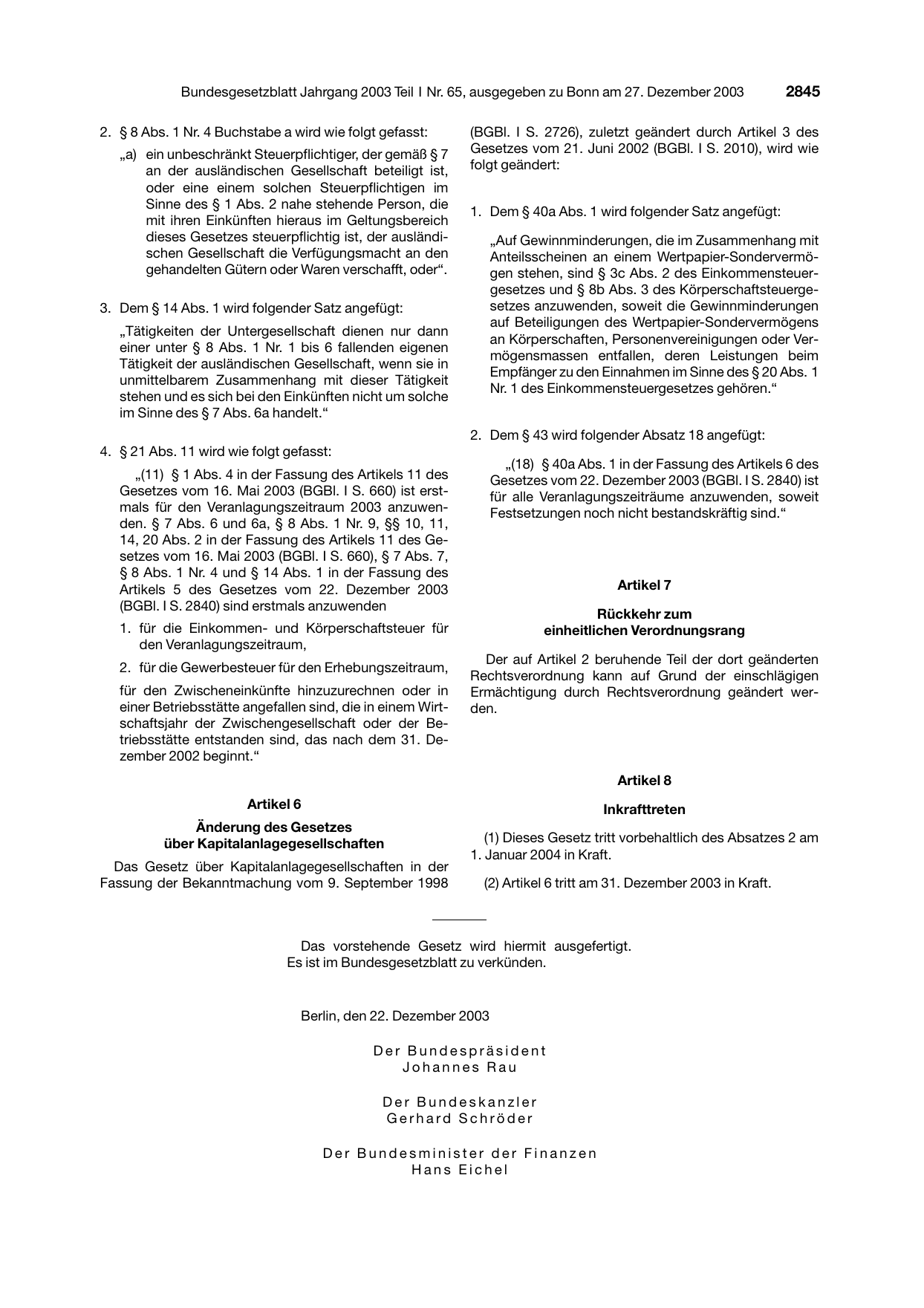BGBl. 2003, Seite 2845 — Originalseite als Abbildung
