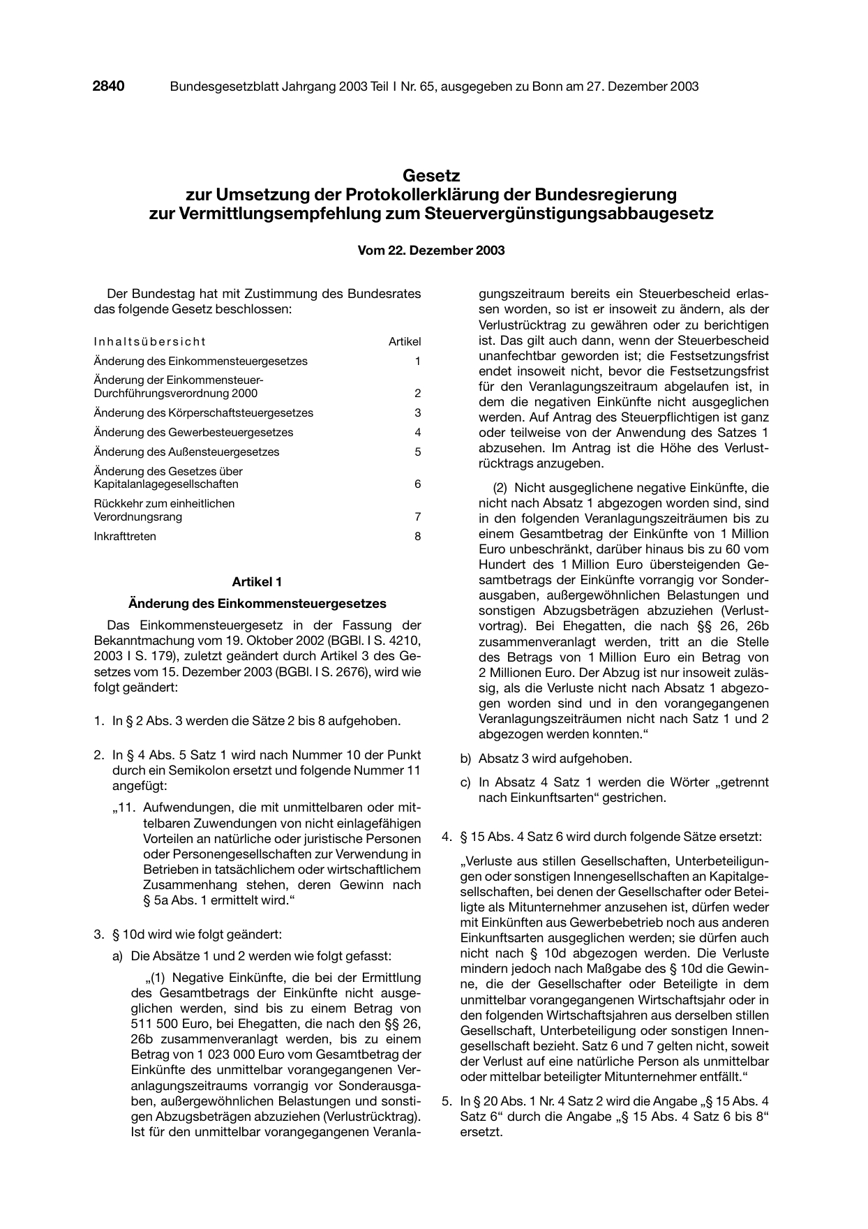 BGBl. 2003, Seite 2840 — Originalseite als Abbildung