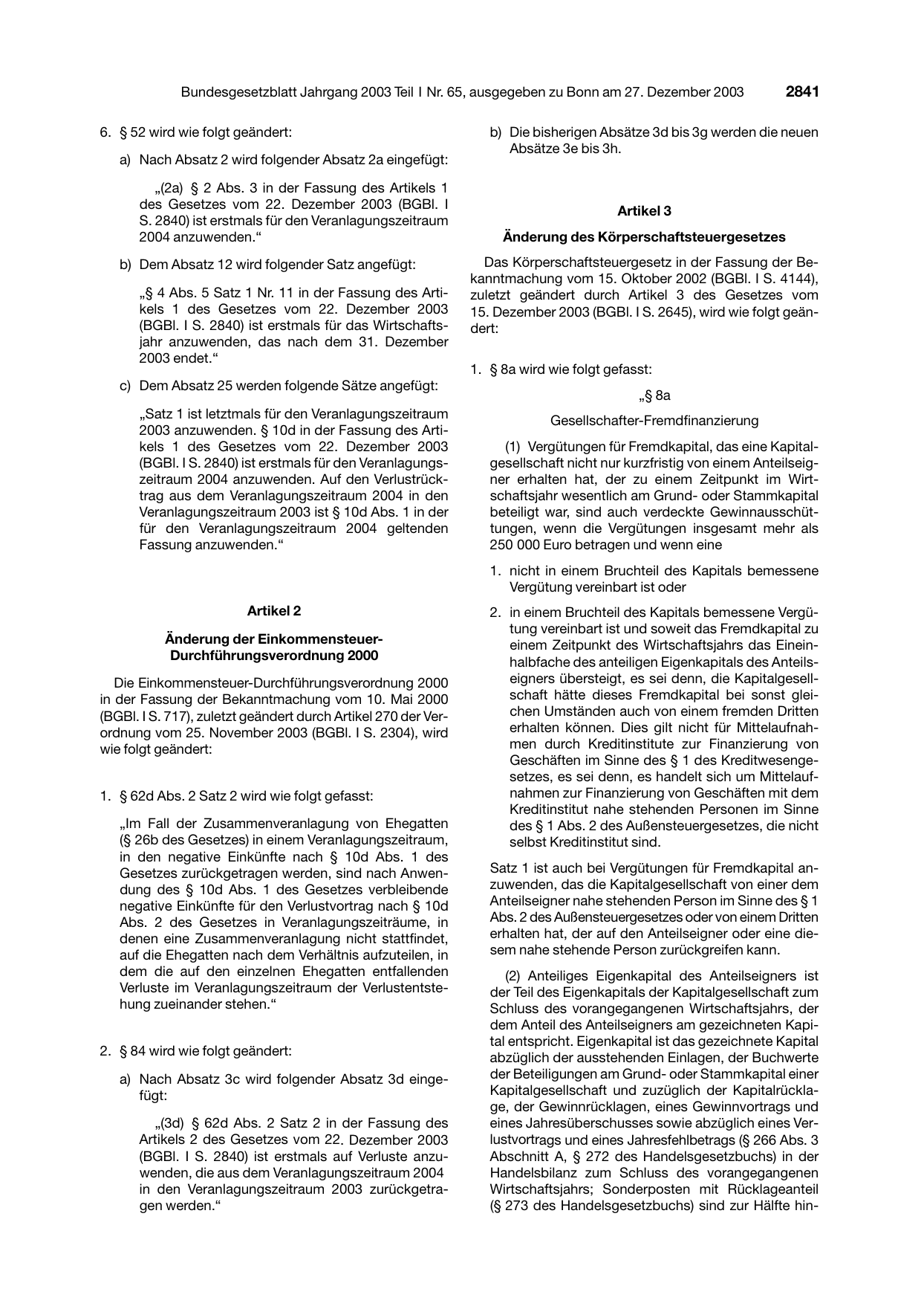 BGBl. 2003, Seite 2841 — Originalseite als Abbildung