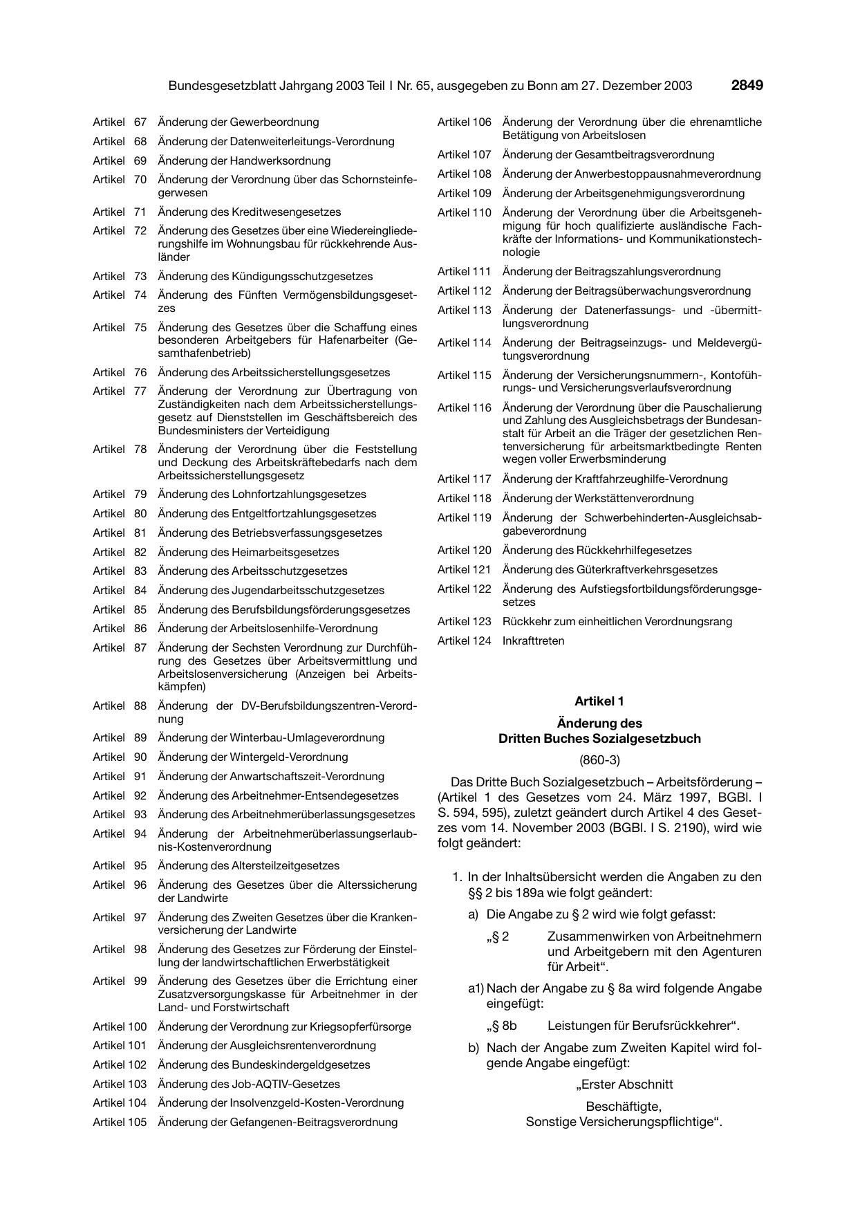 BGBl. 2003, Seite 2849 — Originalseite als Abbildung