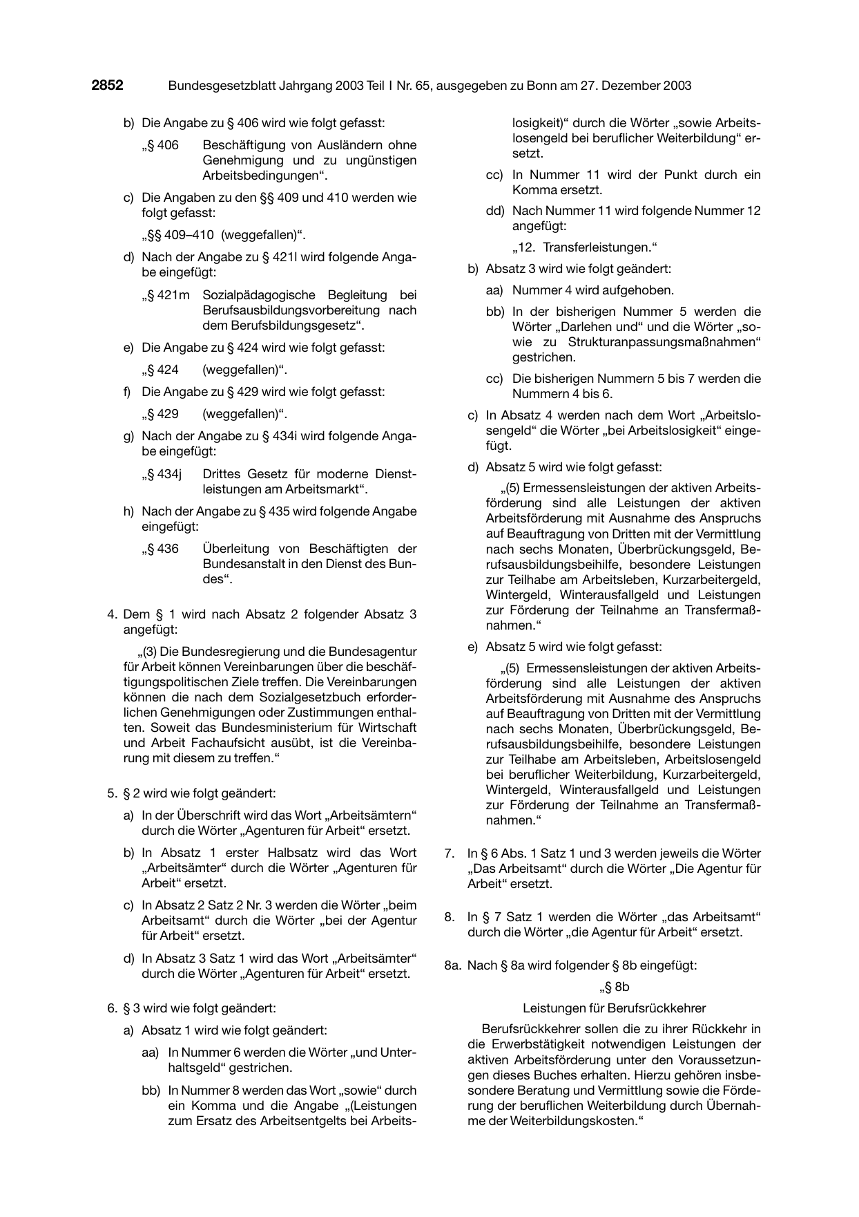 BGBl. 2003, Seite 2852 — Originalseite als Abbildung