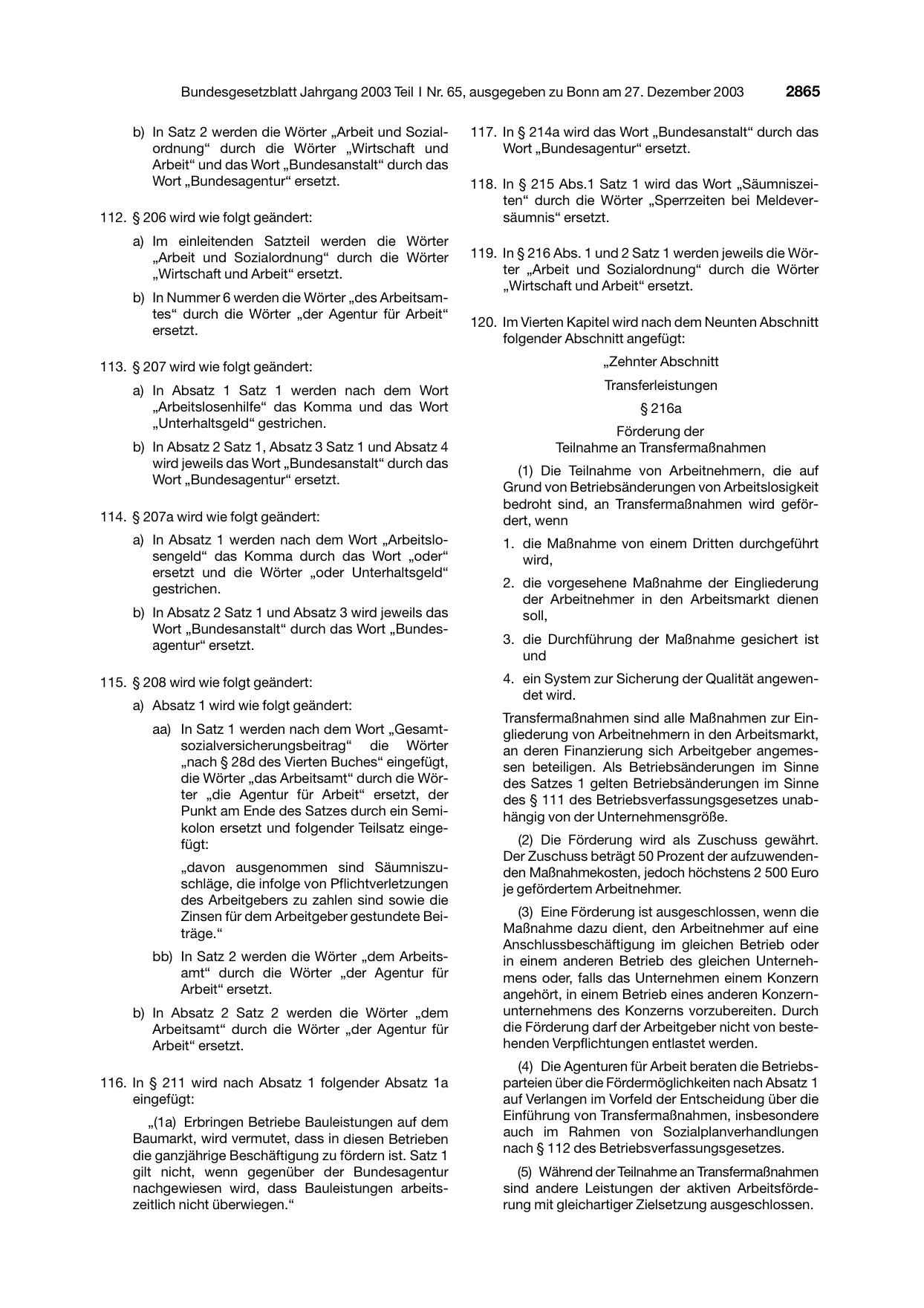 BGBl. 2003, Seite 2865 — Originalseite als Abbildung