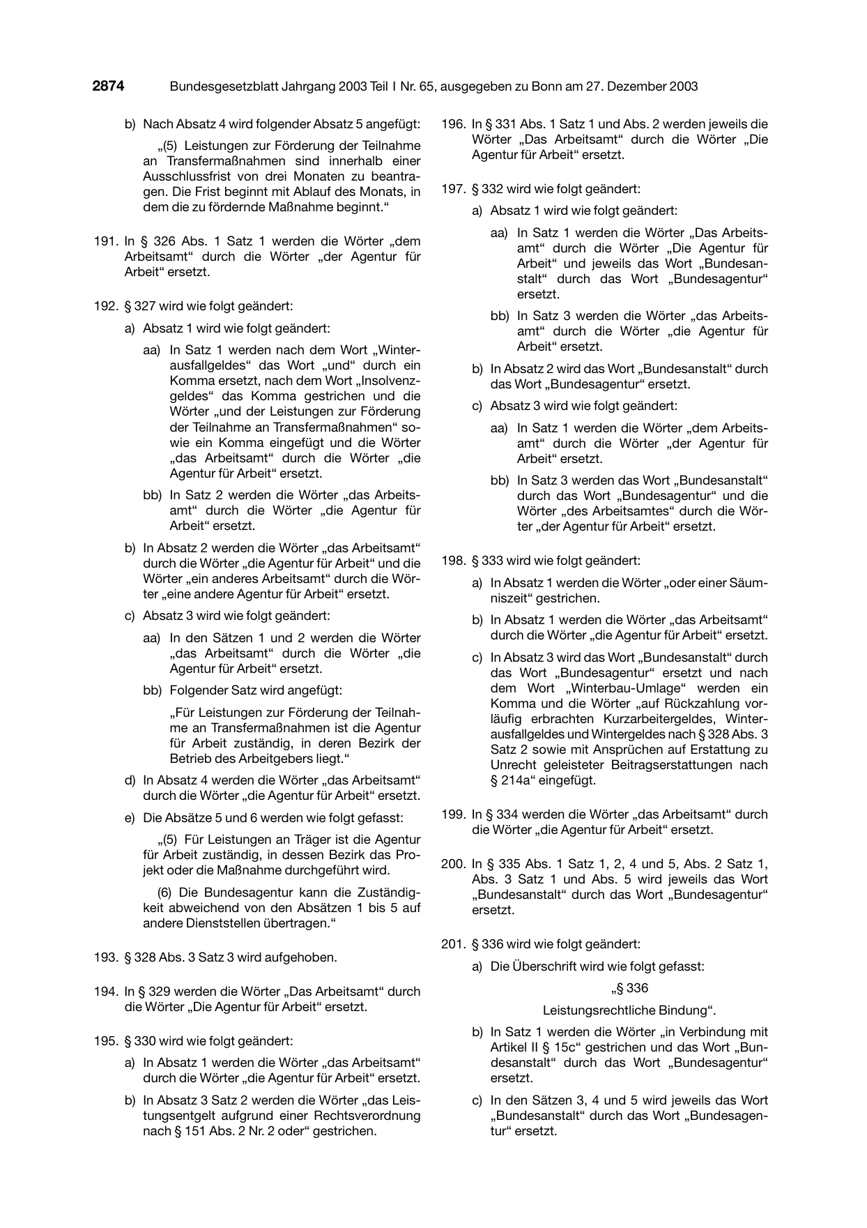 BGBl. 2003, Seite 2874 — Originalseite als Abbildung