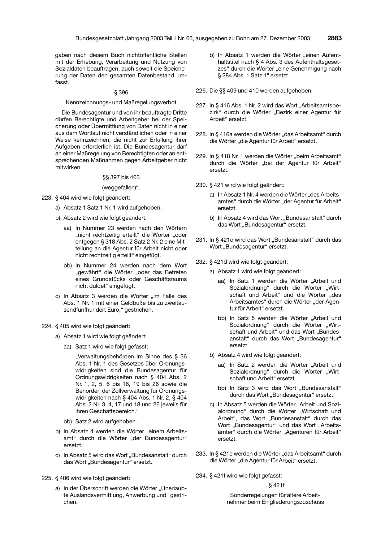 BGBl. 2003, Seite 2883 — Originalseite als Abbildung
