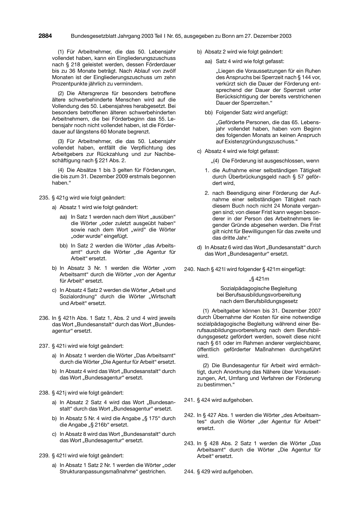 BGBl. 2003, Seite 2884 — Originalseite als Abbildung