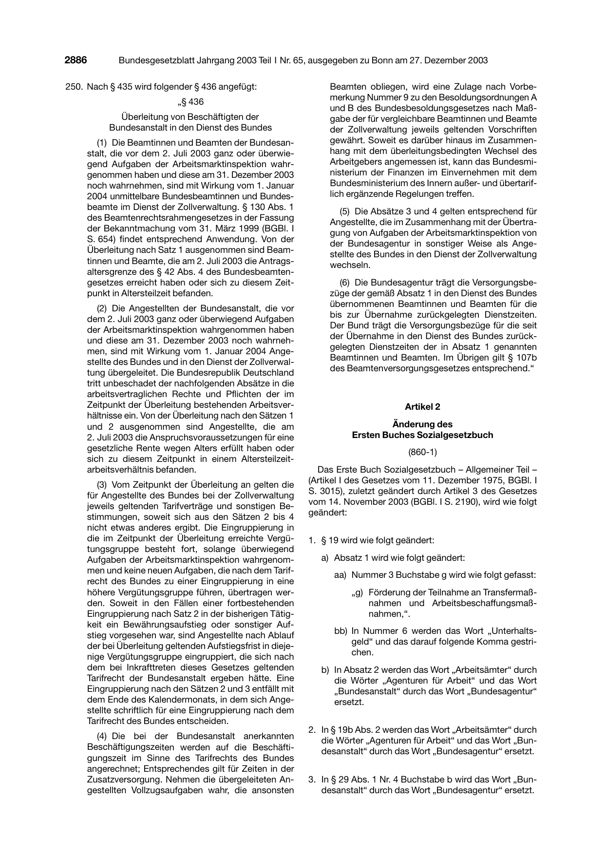 BGBl. 2003, Seite 2886 — Originalseite als Abbildung