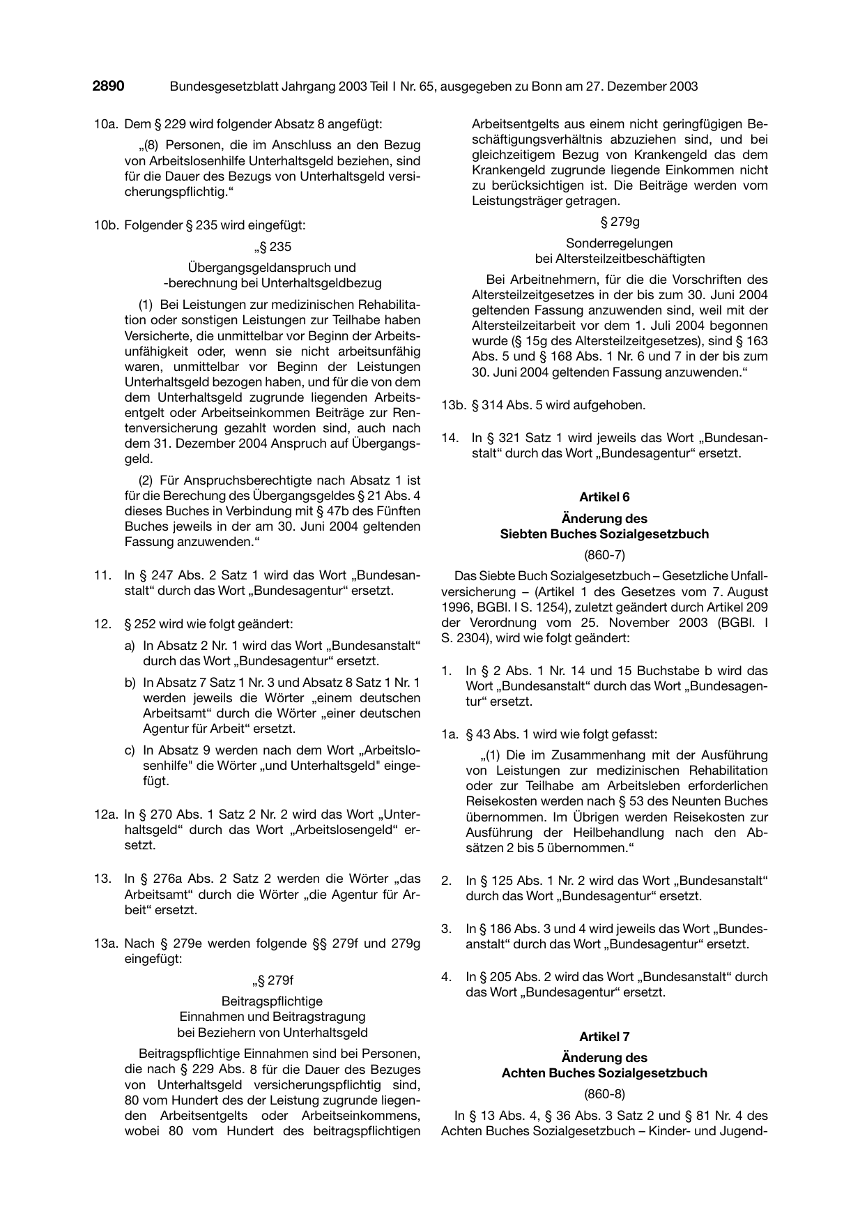 BGBl. 2003, Seite 2890 — Originalseite als Abbildung