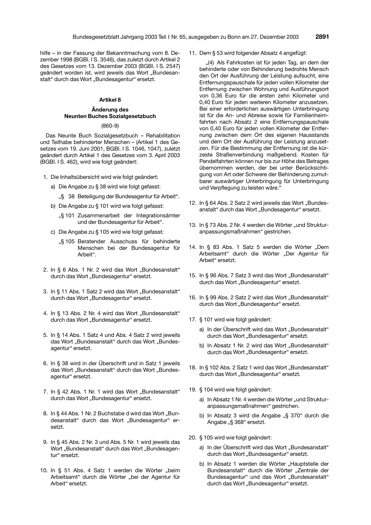 BGBl. 2003, Seite 2891 — Originalseite als Abbildung