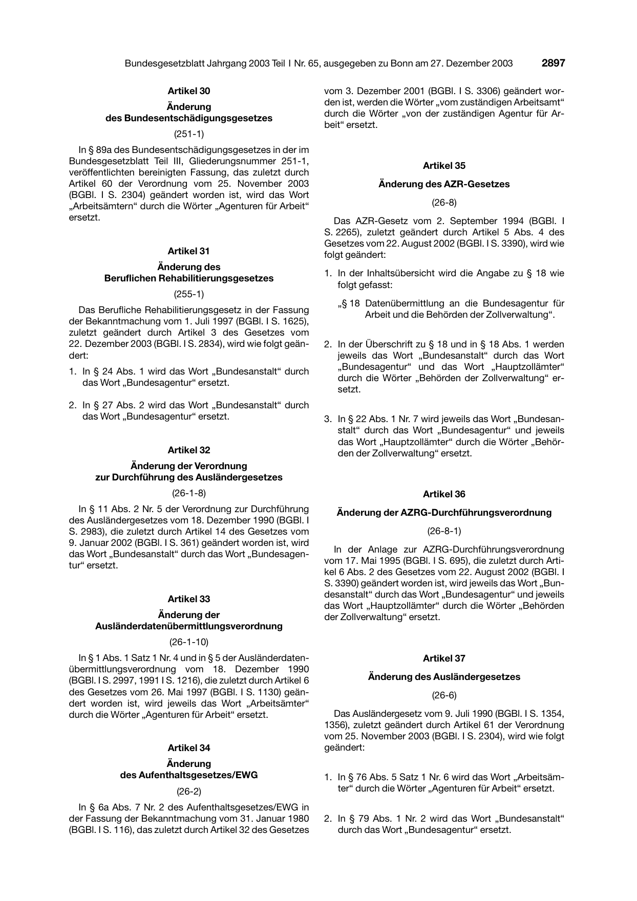 BGBl. 2003, Seite 2897 — Originalseite als Abbildung
