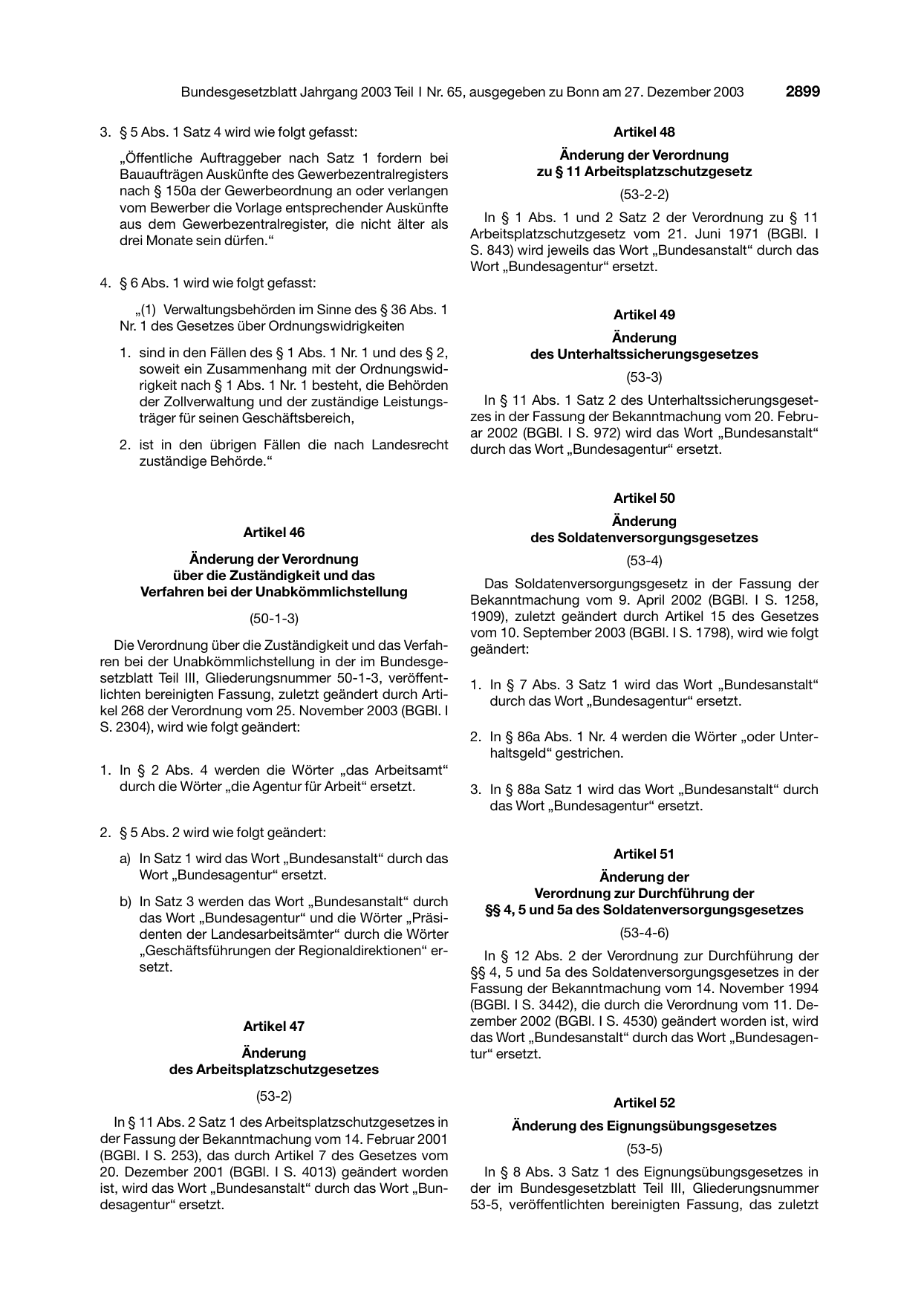 BGBl. 2003, Seite 2899 — Originalseite als Abbildung