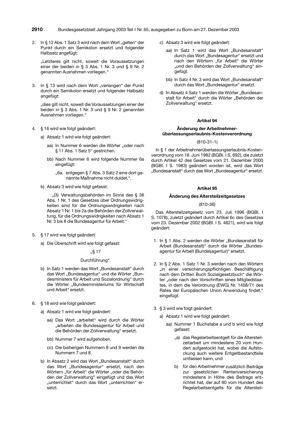 BGBl. 2003, Seite 2910 — Originalseite als Abbildung