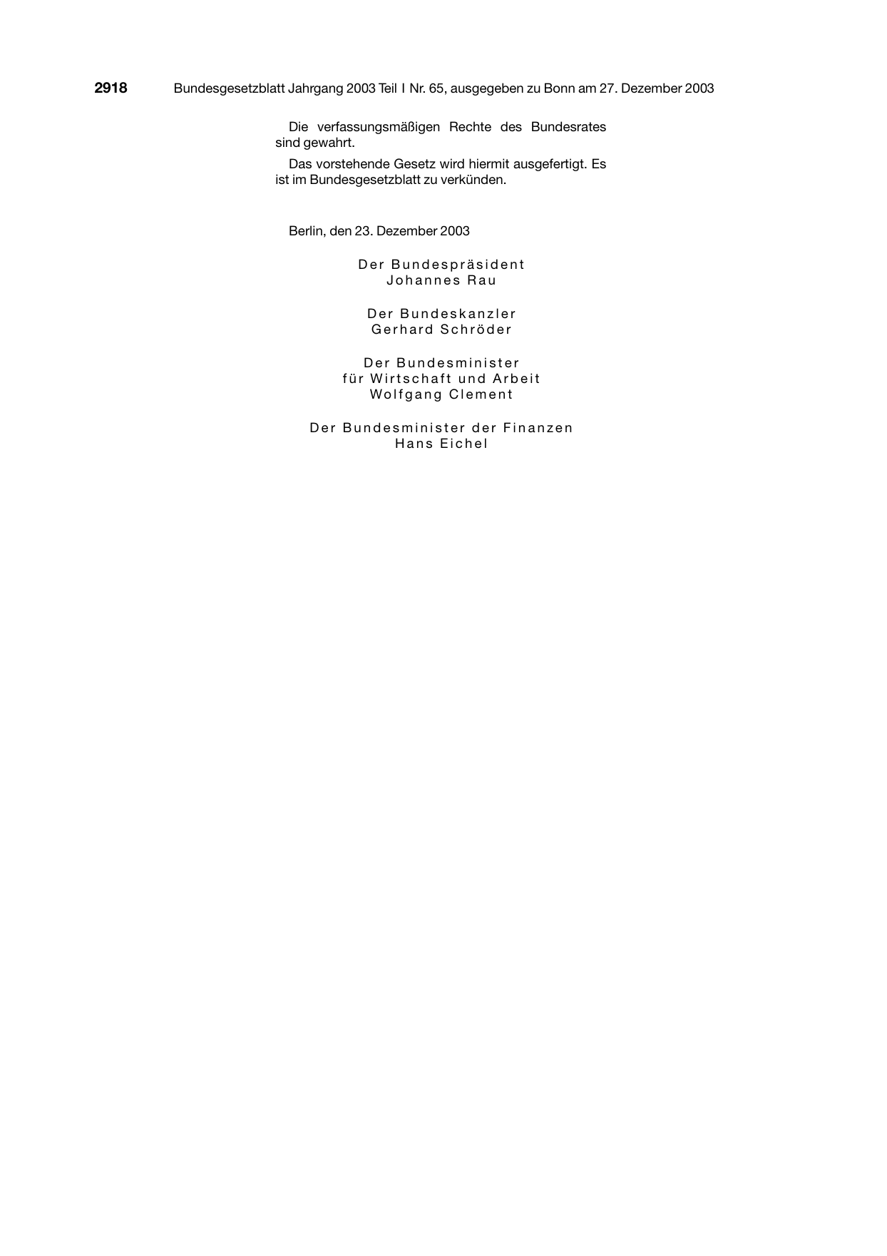 BGBl. 2003, Seite 2918 — Originalseite als Abbildung