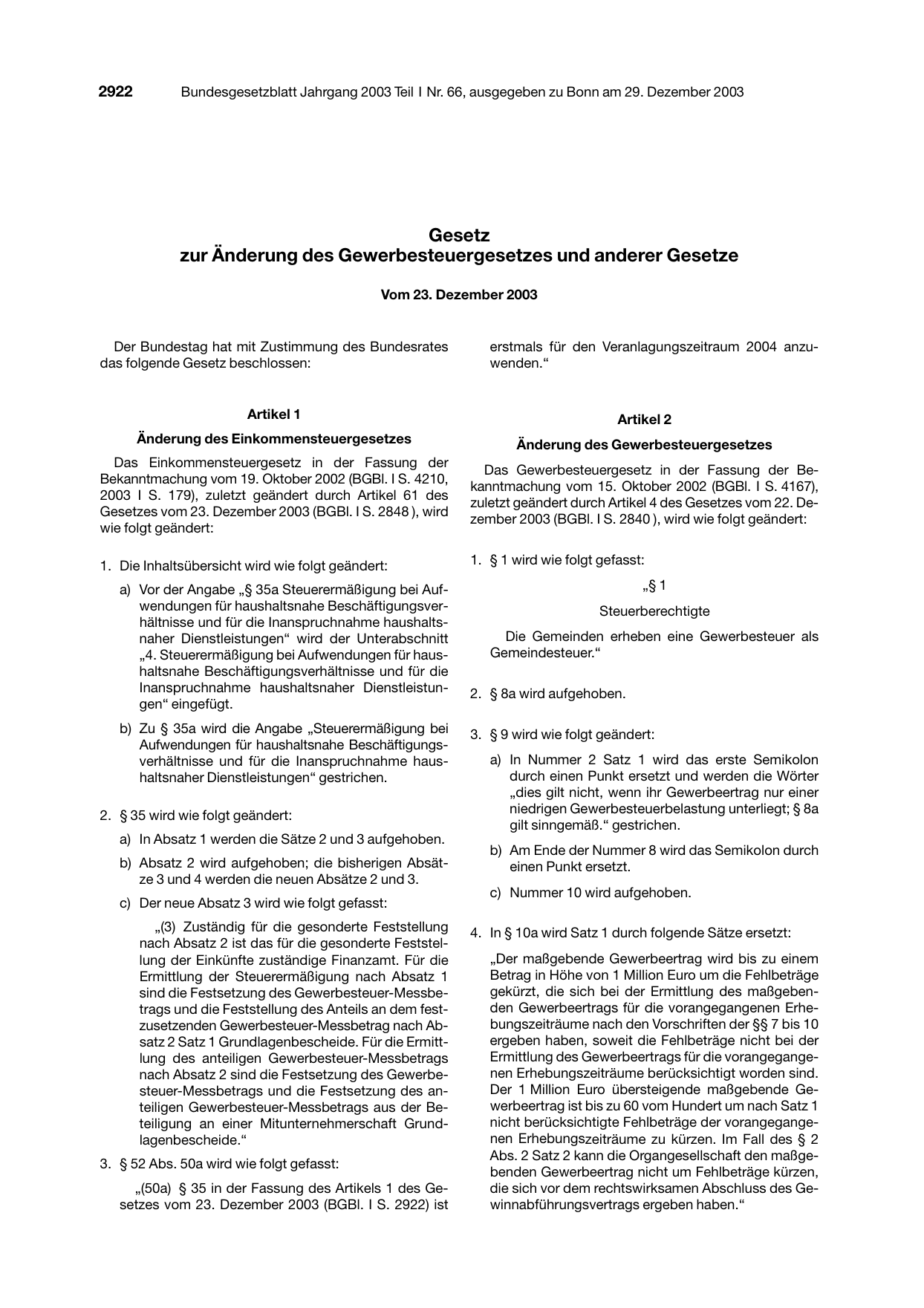 BGBl. 2003, Seite 2922 — Originalseite als Abbildung