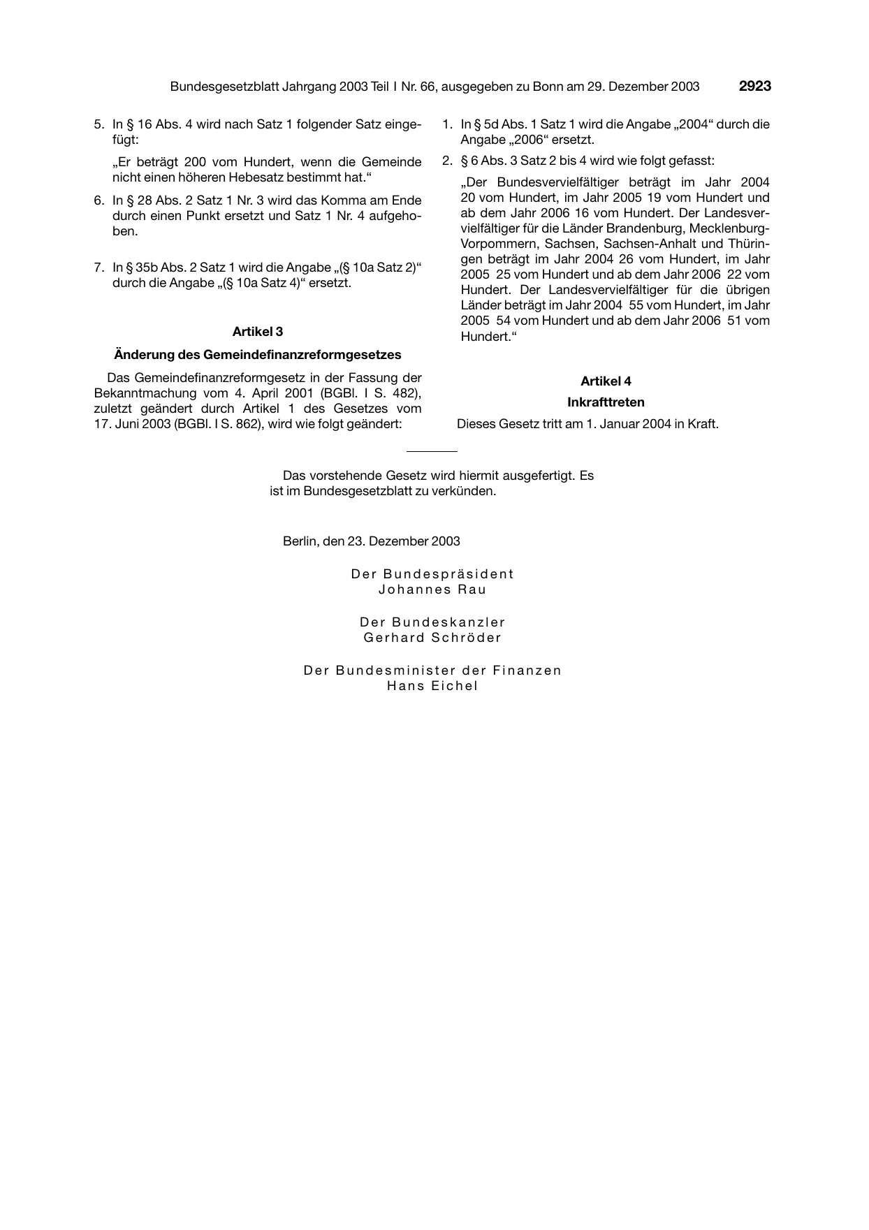 BGBl. 2003, Seite 2923 — Originalseite als Abbildung