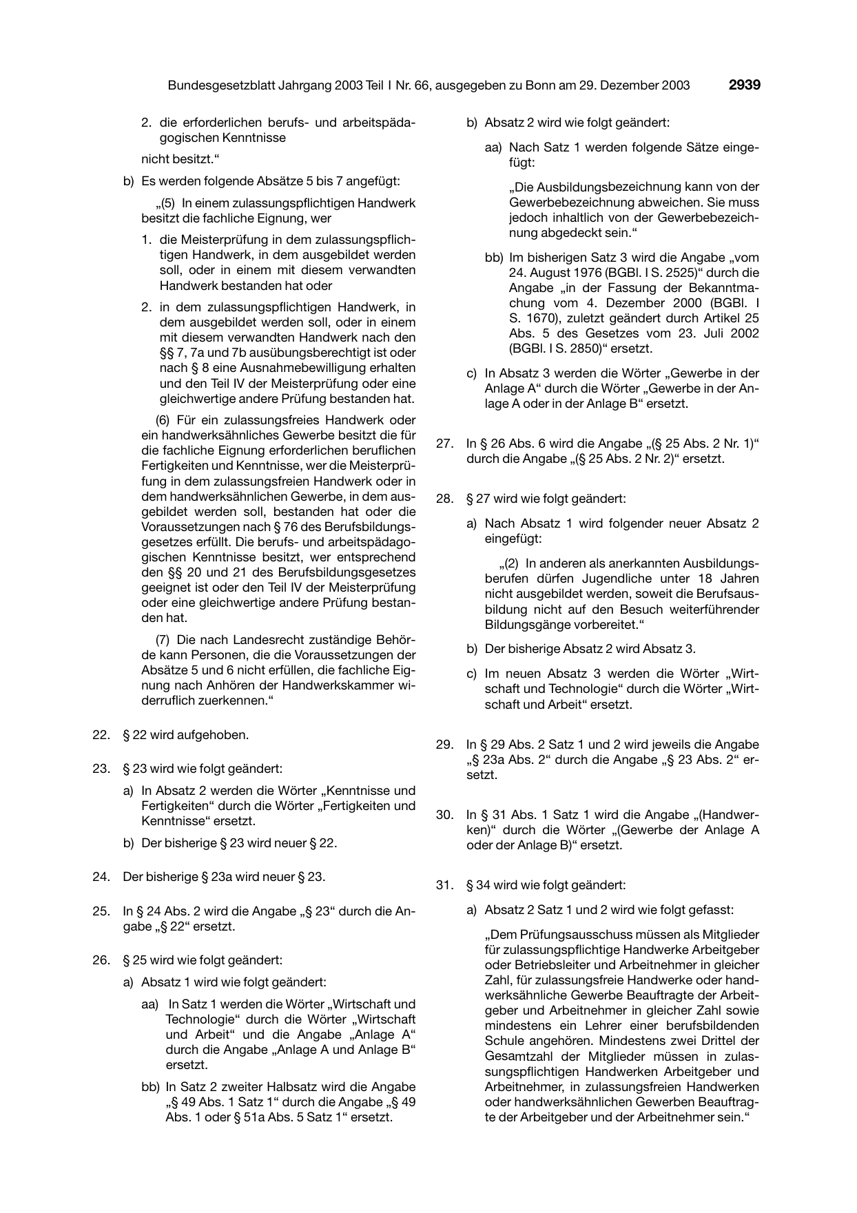 BGBl. 2003, Seite 2939 — Originalseite als Abbildung