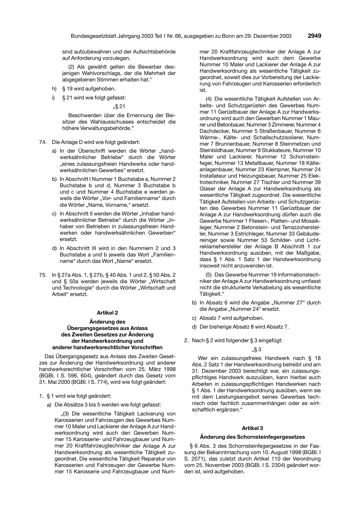 BGBl. 2003, Seite 2949 — Originalseite als Abbildung