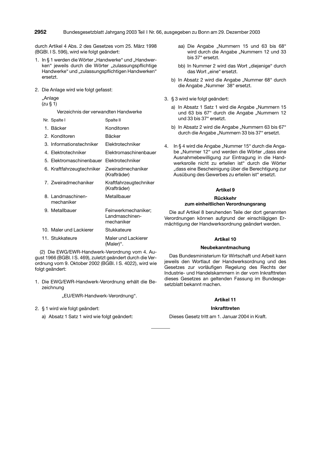 BGBl. 2003, Seite 2952 — Originalseite als Abbildung