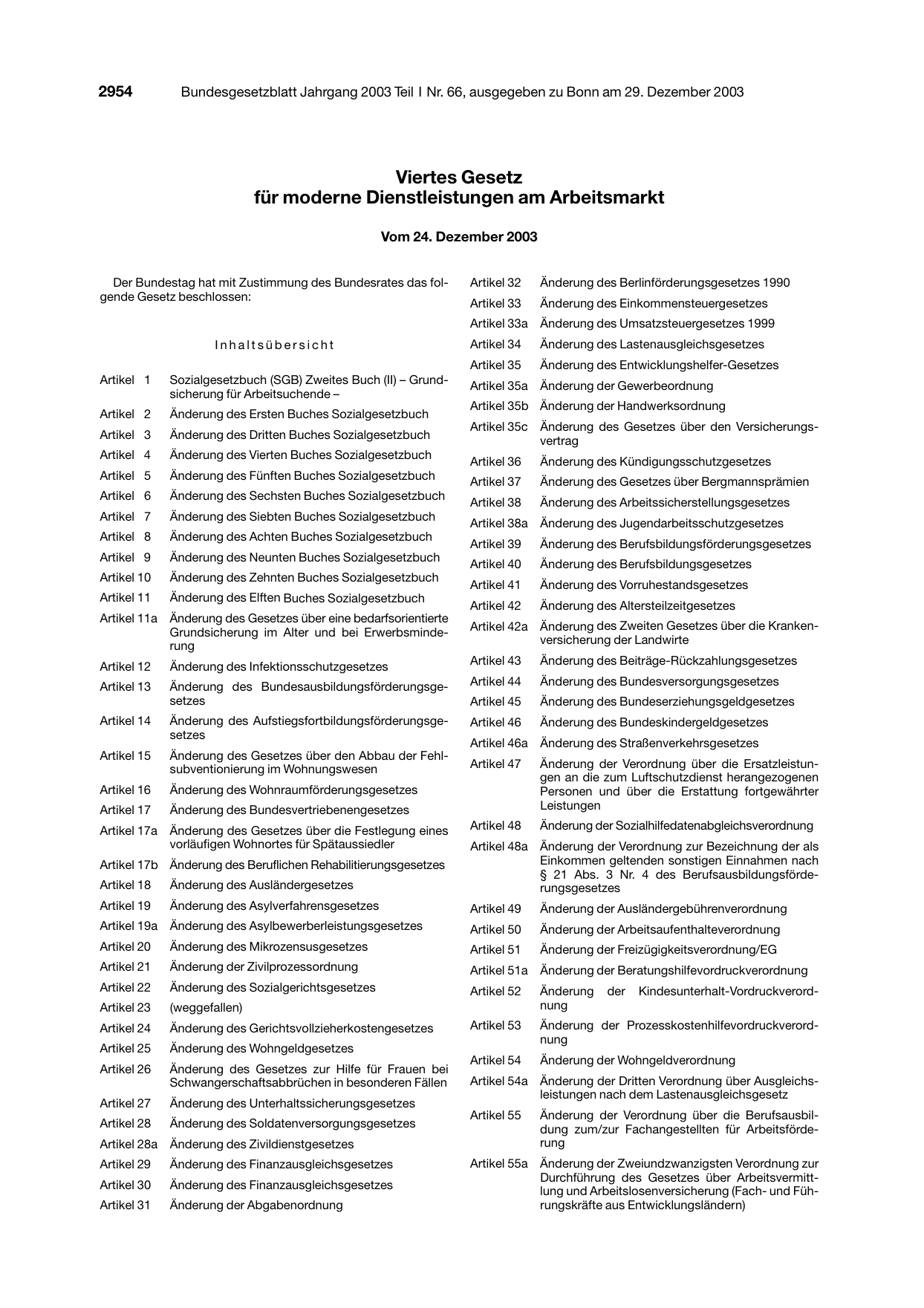BGBl. 2003, Seite 2954 — Originalseite als Abbildung