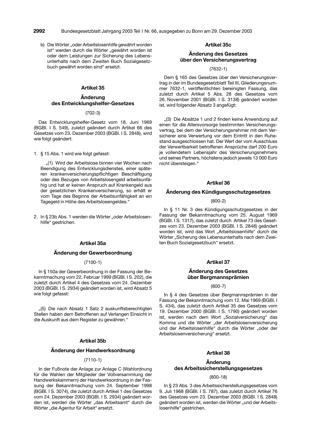 BGBl. 2003, Seite 2992 — Originalseite als Abbildung