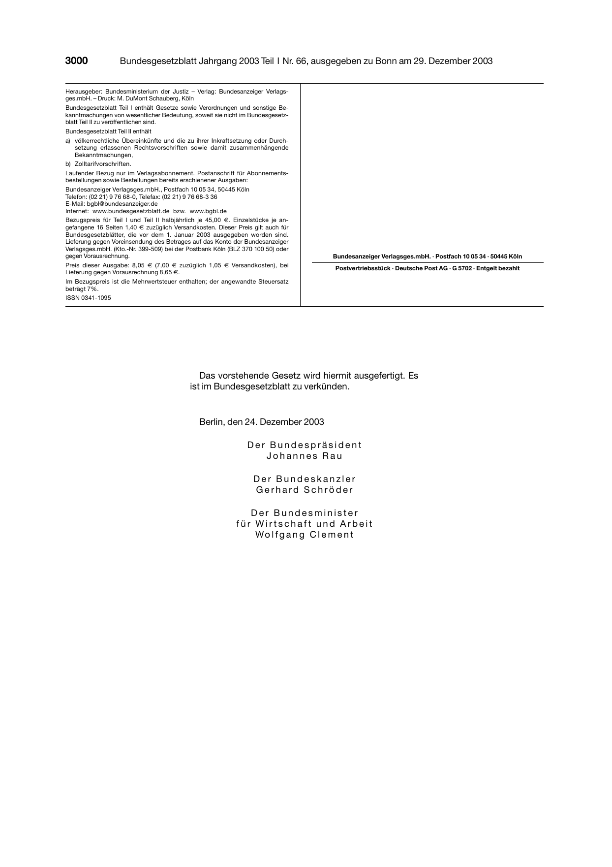 BGBl. 2003, Seite 3000 — Originalseite als Abbildung