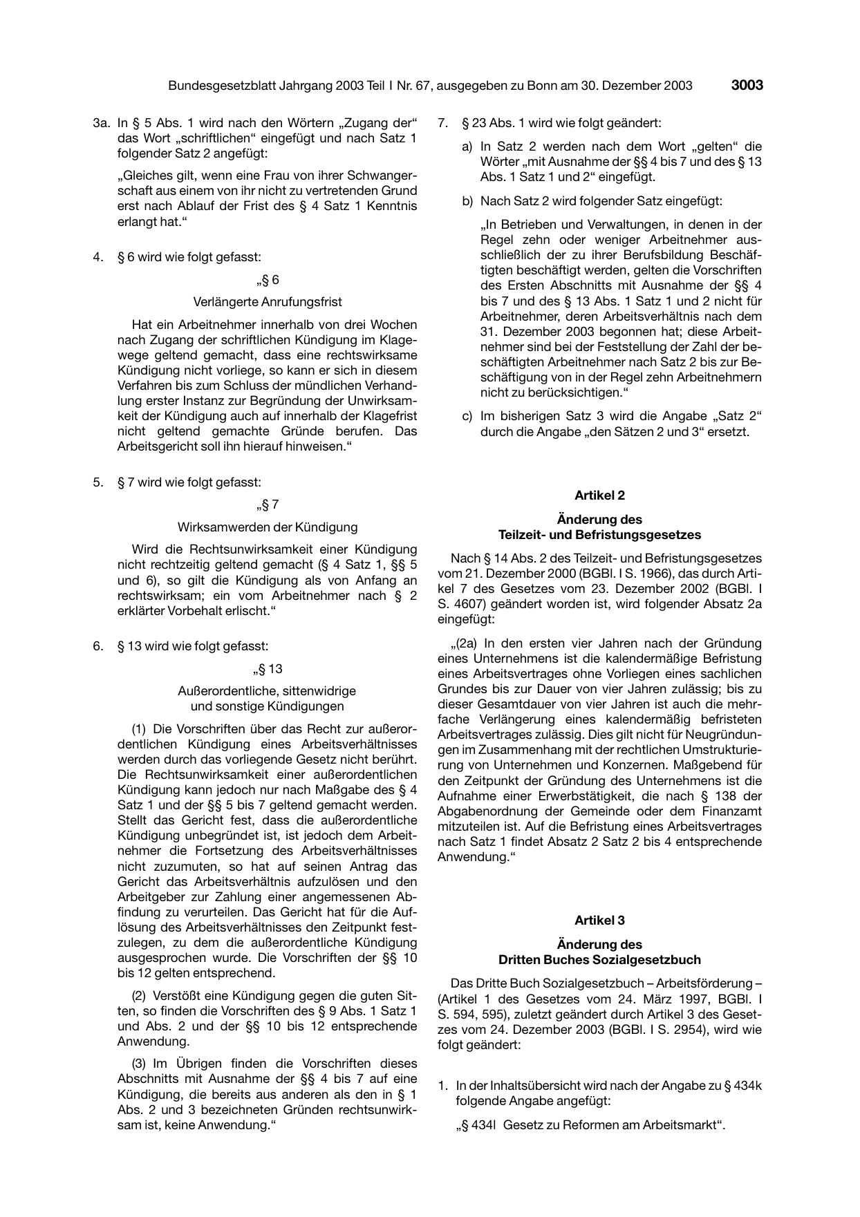BGBl. 2003, Seite 3003 — Originalseite als Abbildung